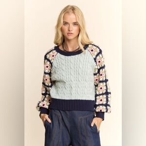 Crochet Sleeve Granny Square Cable Knit Sweater - Davi & Dani